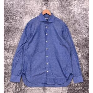 Kiton Dress Shirt 18 Mens Blue Cotton Linen Blend Marled Textured Fabric